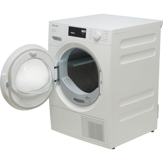 Miele T1 EcoSpeed TSD643 WP Wifi Connected 9Kg Heat Pump Tumble Dryer - White - Left perspective with door open shot